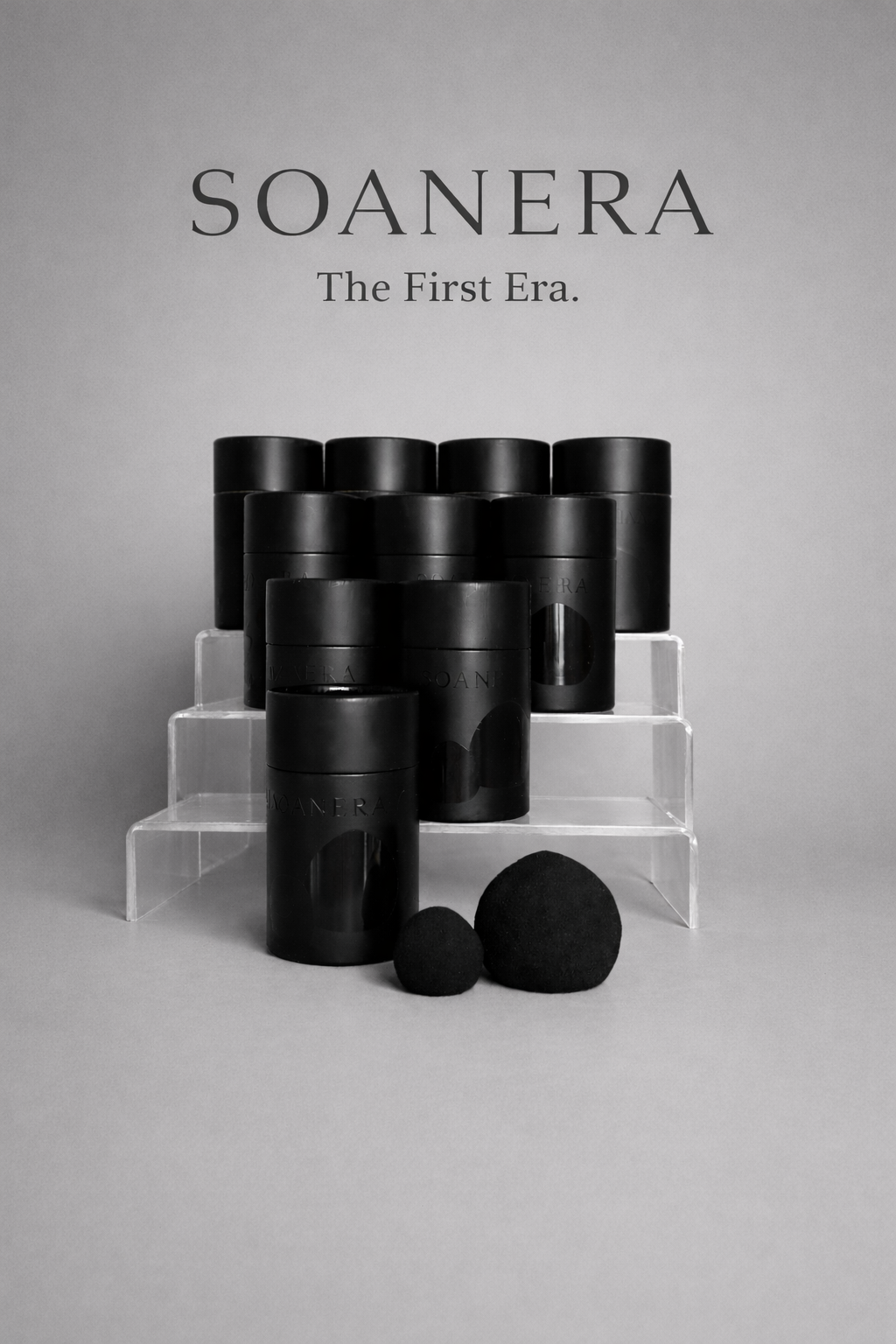 Black containers with large and small sponges on a gray background with 'SOANERA' branding.