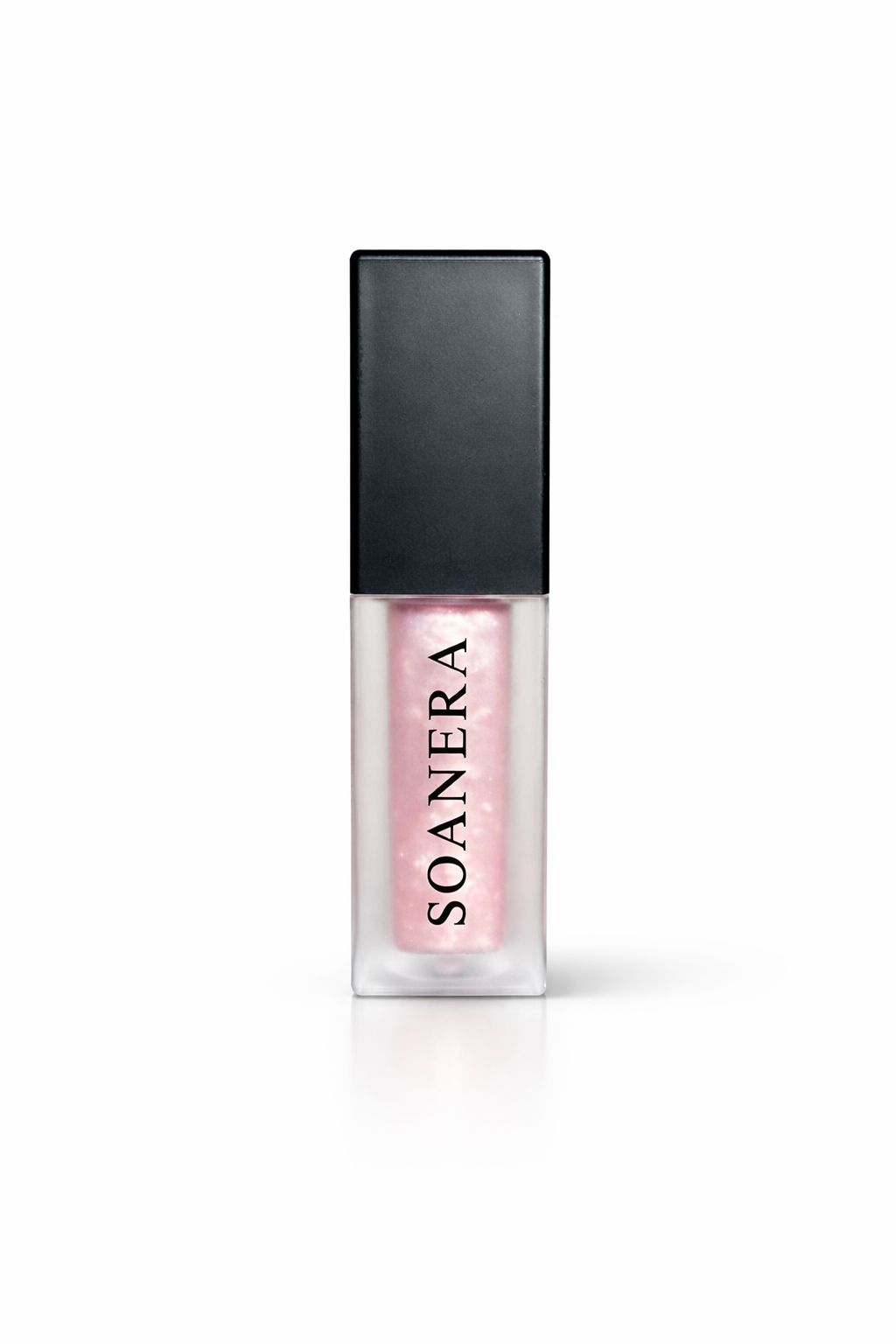 SOANERA Gossip pink shimmer lip gloss-oil with sparkles in frosted tube and matte black lid