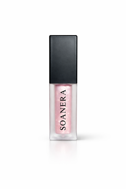 SOANERA Gossip pink shimmer lip gloss-oil with sparkles in frosted tube and matte black lid