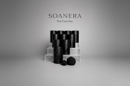 Makeup sponges in black packaging with a large and small sponge in front of them 