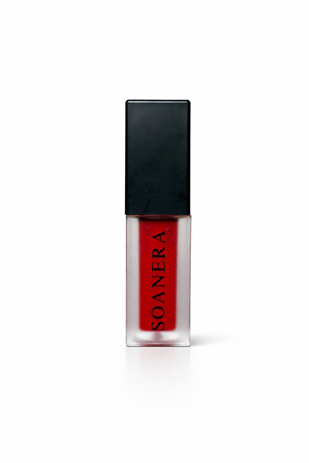 SOANERA Seductress red lip gloss-oil in frosted tube with matte black lid and white logo