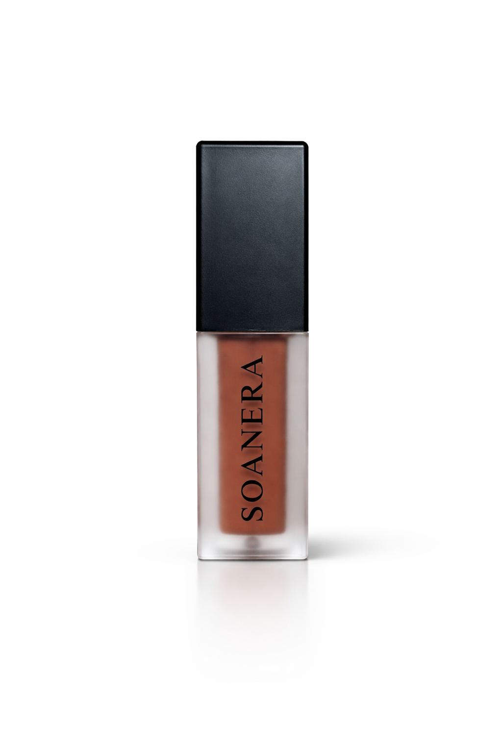 SOANERA Motive brown lip gloss-oil in frosted tube with matte black lid and white logo