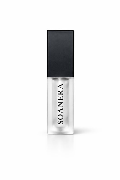 SOANERA Allure clear lip gloss-oil in frosted tube with matte black lid and white logo
